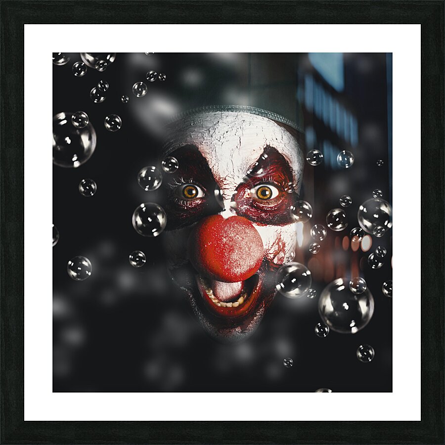 Scary horror circus clown laughing with evil smile Picture Frame print