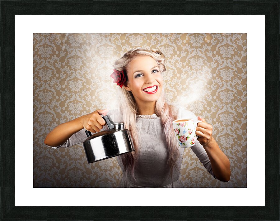 Vintage Coffee Woman Holding Hot Tea Pot Picture Frame print