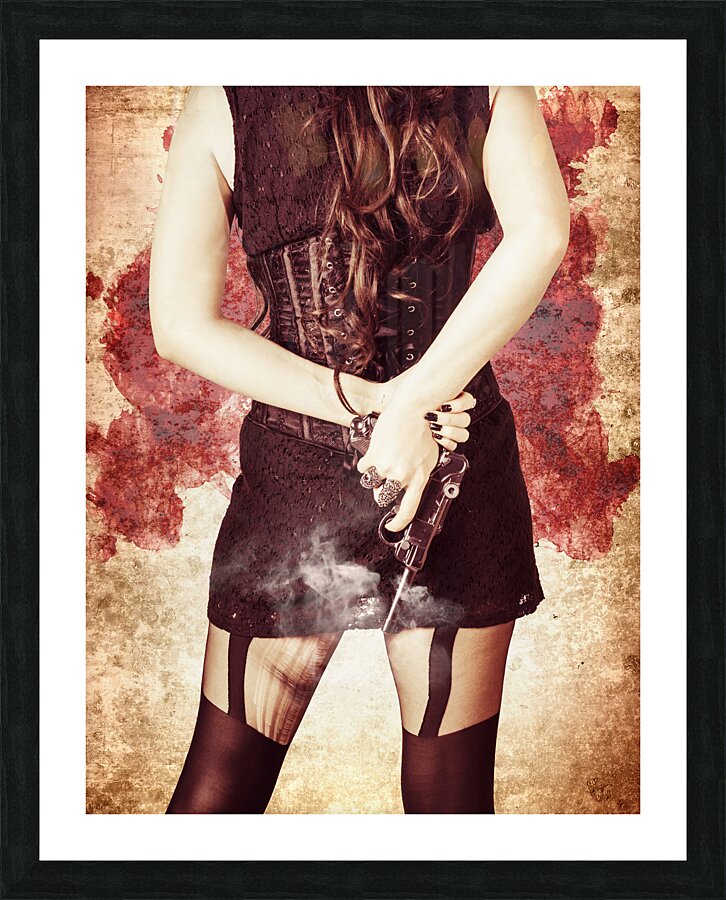 Vintage girl holding smoking German Lugar pistol Picture Frame print