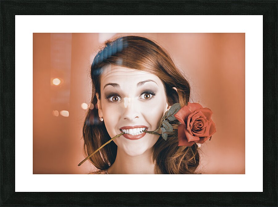 Surprised Young Woman Getting Valentine Flower Picture Frame print