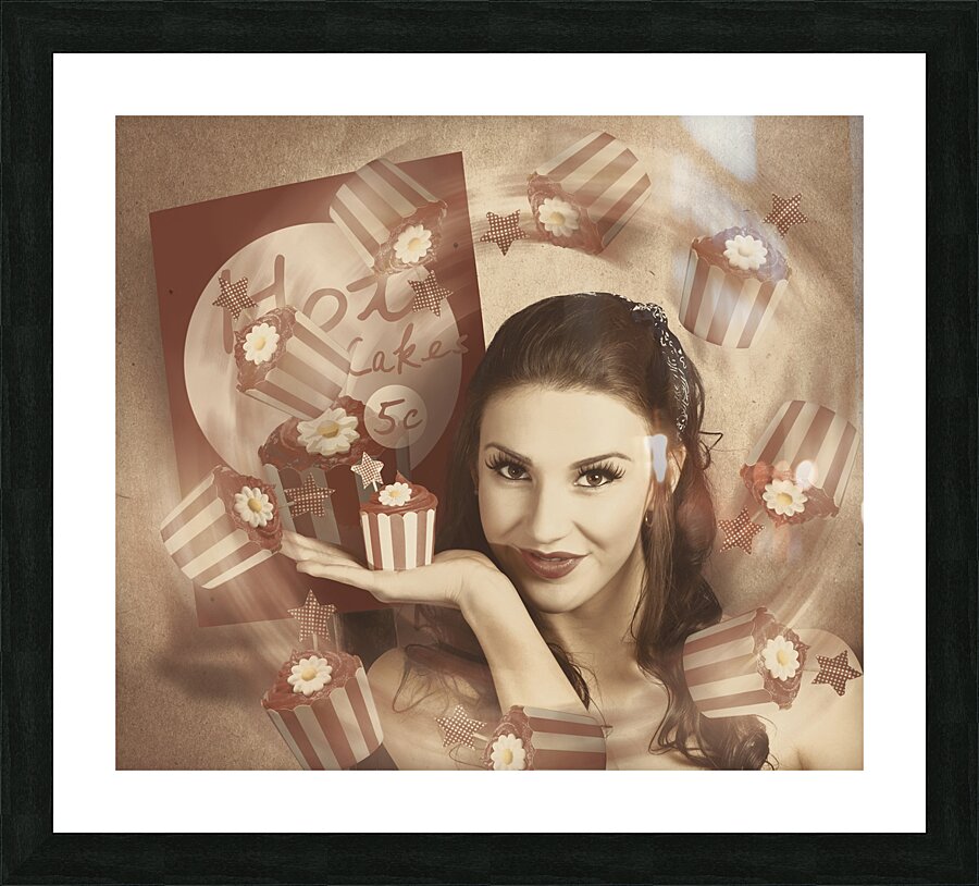 Retro cupcake poster girl adverting baked cake Picture Frame print