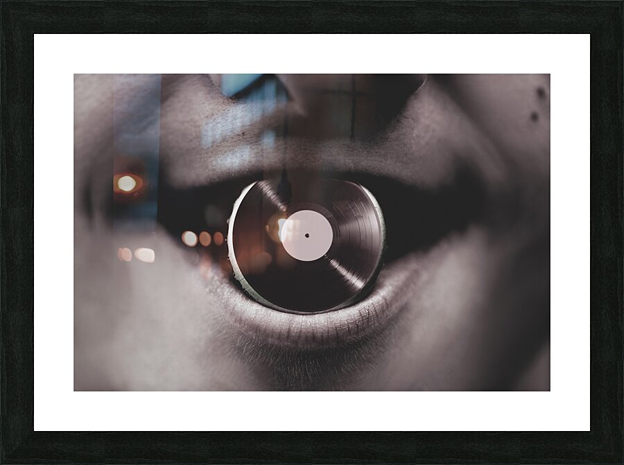 Jukebox DJ holding vinyl soda bottle lid in mouth Picture Frame print