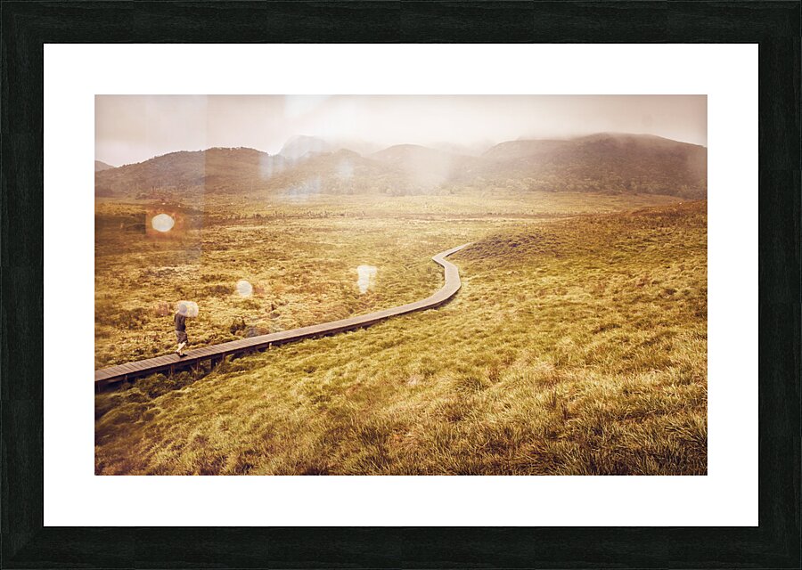 Man on expedition along Cradle Mountain Boardwalk Picture Frame print