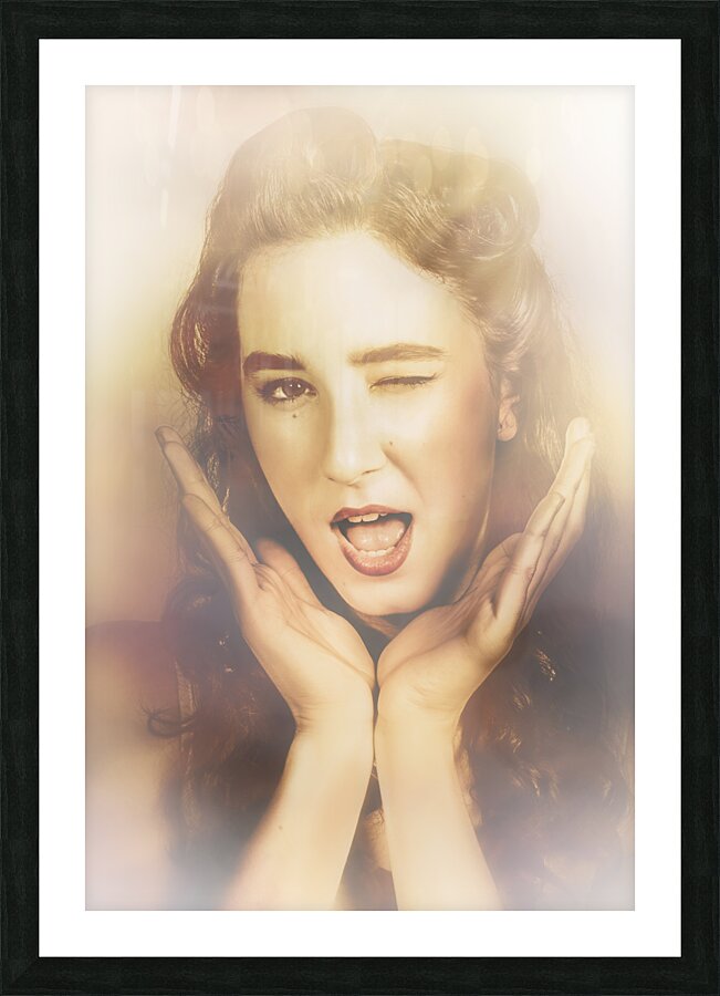 Winking pinup woman with retro hair and makeup Picture Frame print