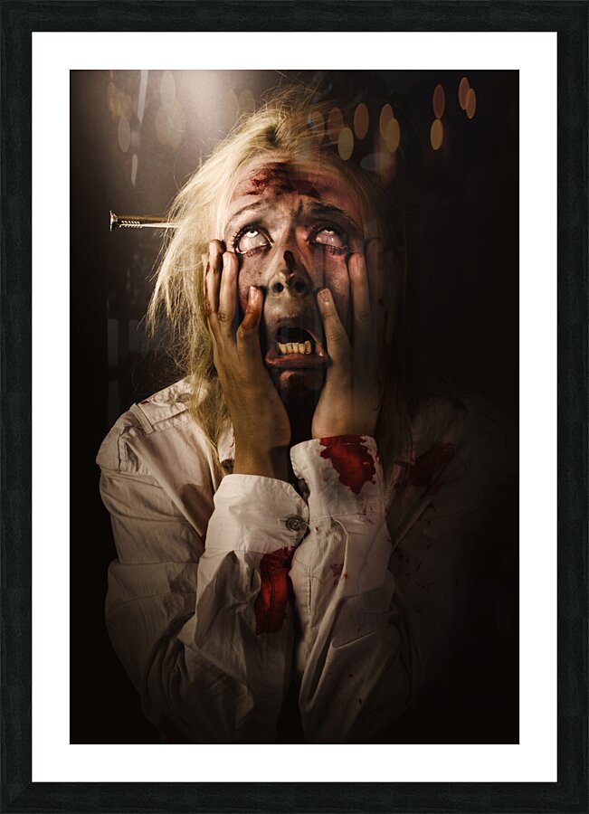 Facing dark horror. Dying zombie screaming in fear Picture Frame print
