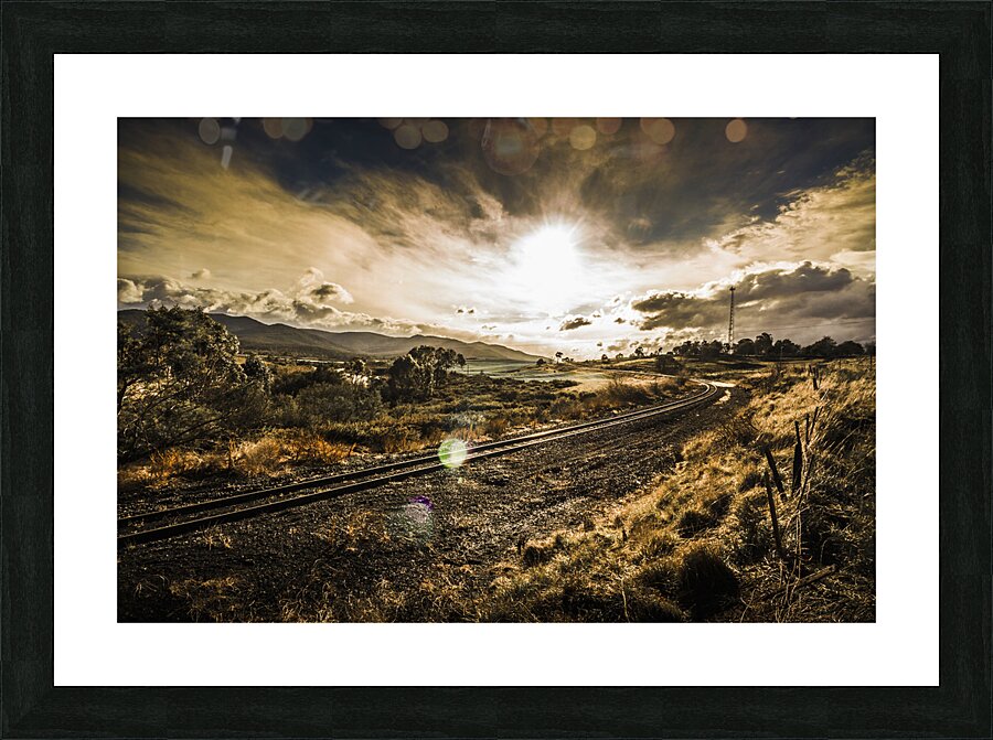 Sun flared railway track Picture Frame print