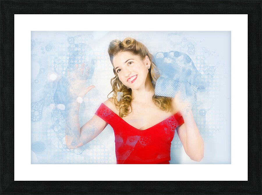 1960s house work pinup woman cleaning glass window Picture Frame print