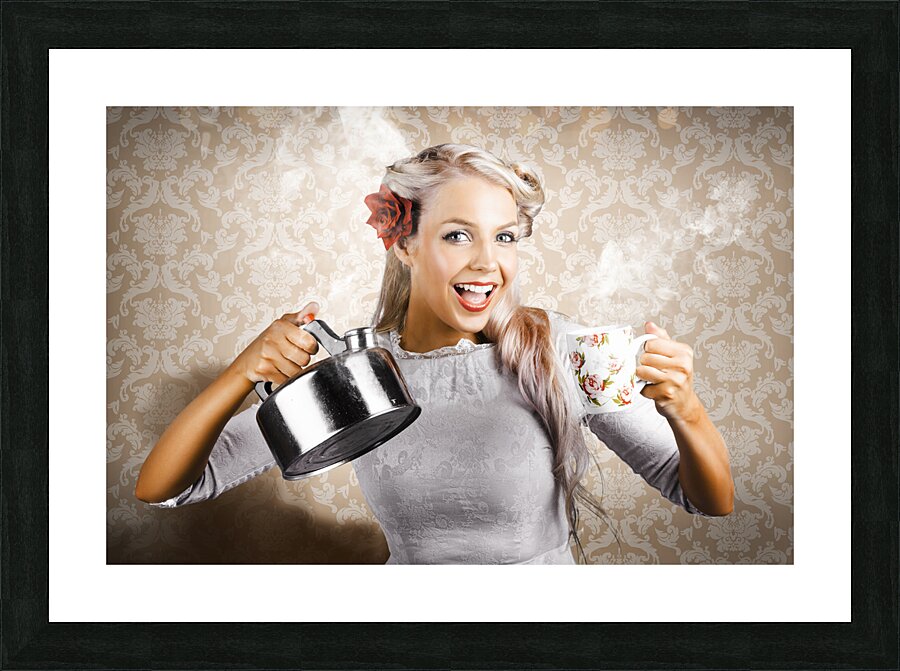 Beautiful Young Retro Woman With Cup Of Coffee Picture Frame print
