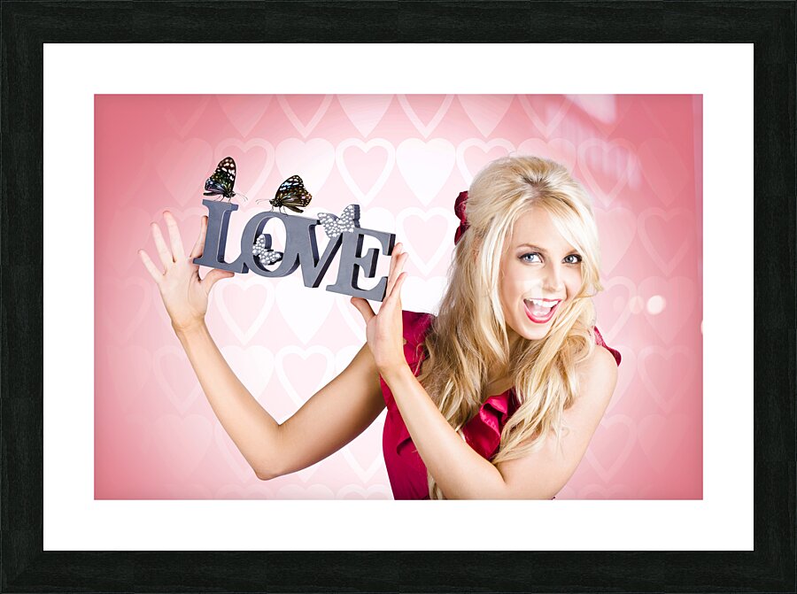 Affectionate blonde woman with love butterflies Picture Frame print