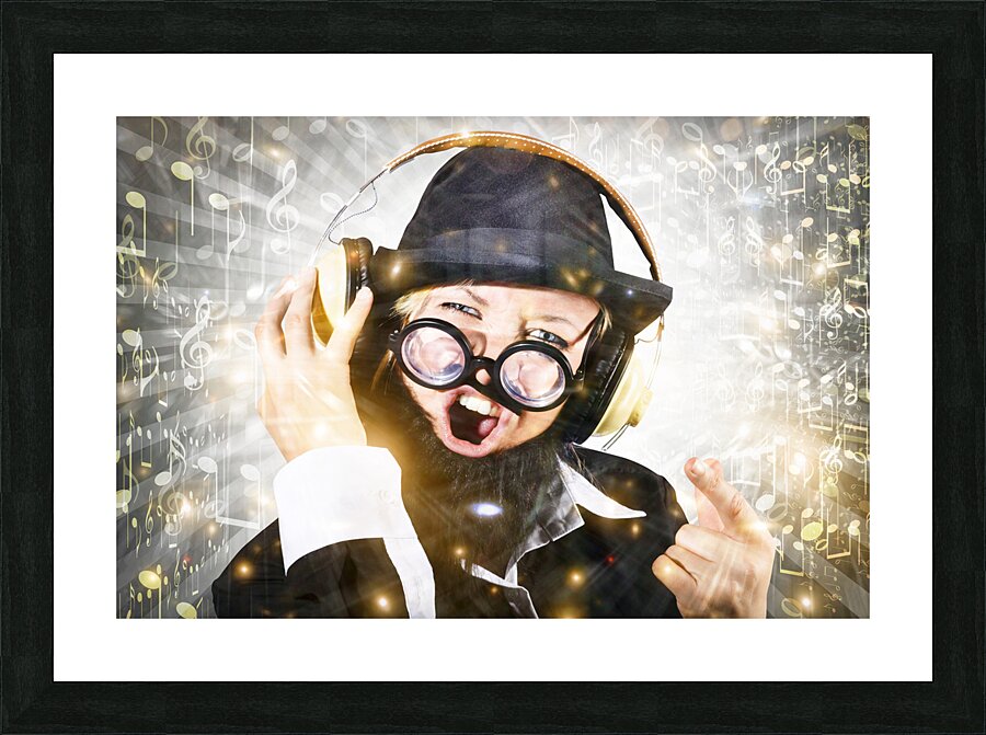 Rock man with beard listens to music on earphones Picture Frame print