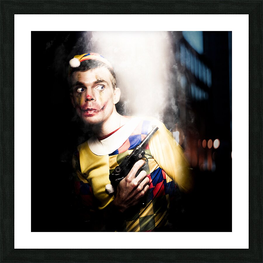 Scary Clown Standing In Shadows With Smoking Gun Picture Frame print