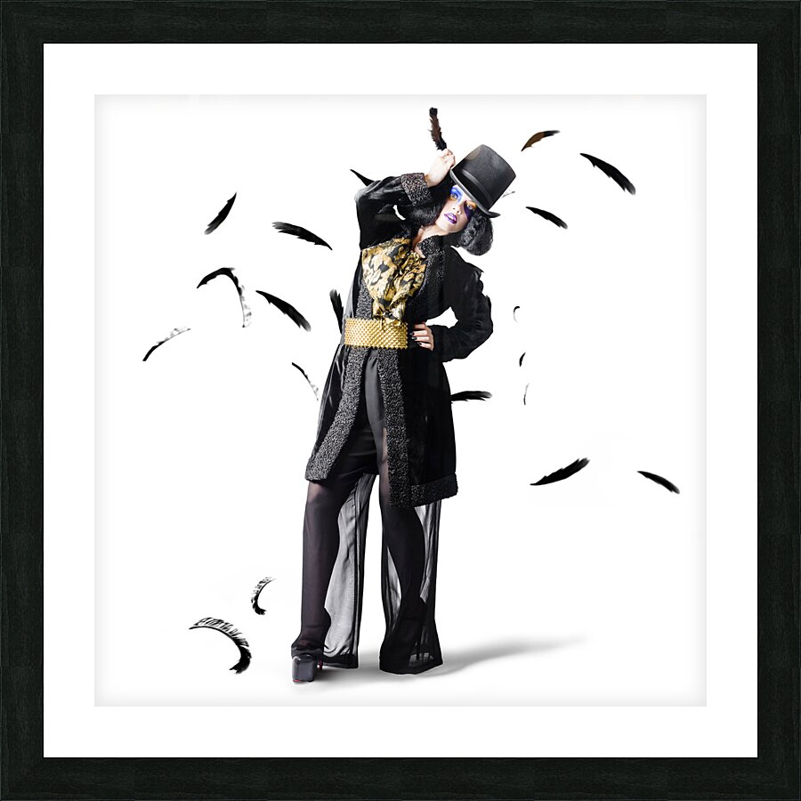 Entertainer dancing among falling feathers Picture Frame print