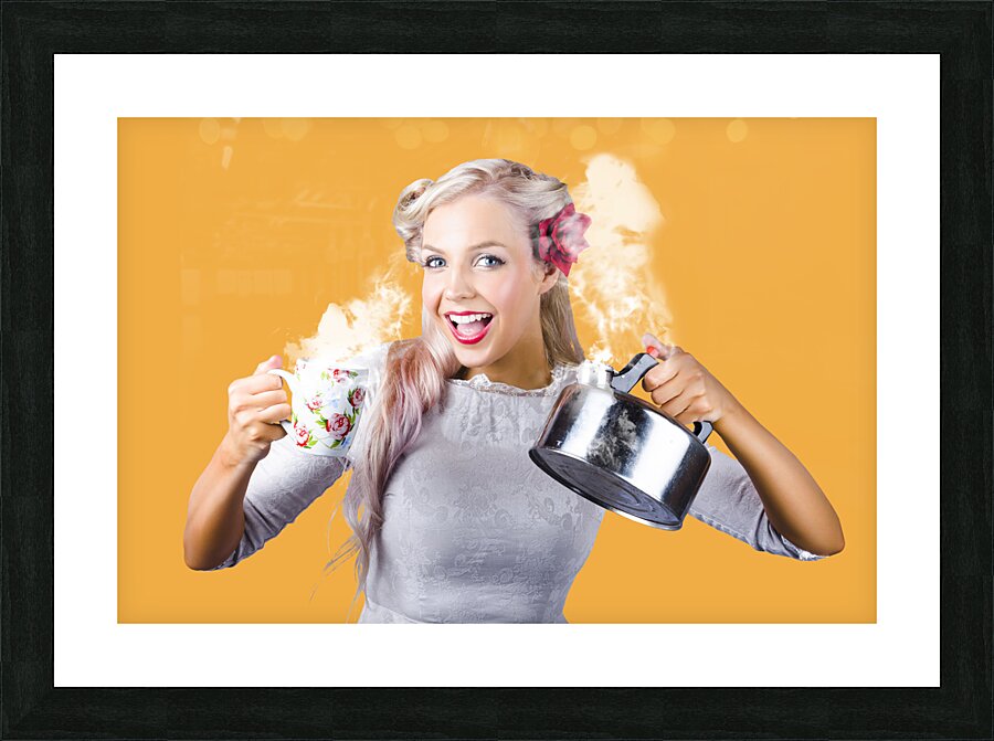 Pinup girl holding kettle and mug Picture Frame print