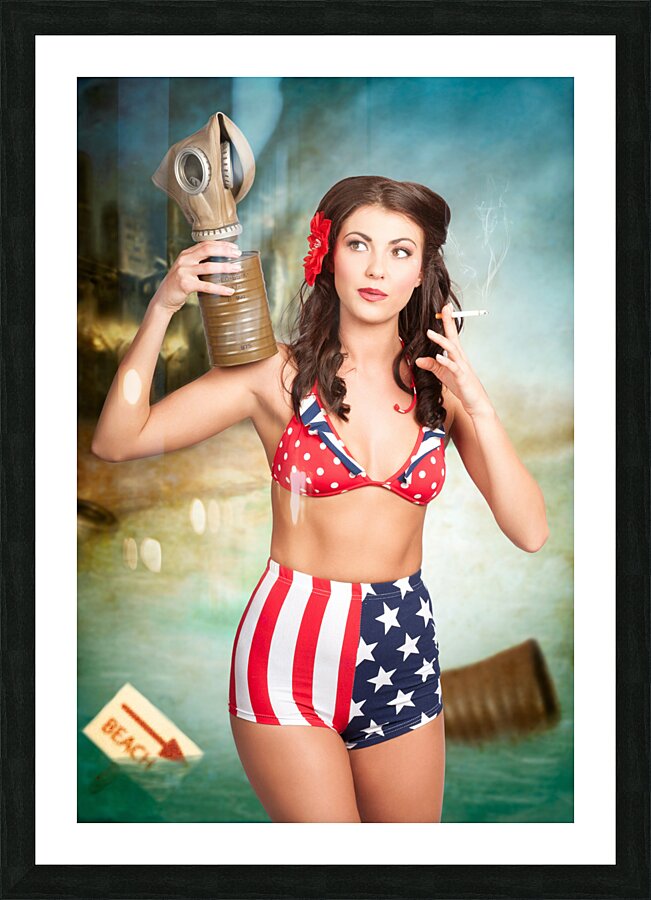 American danger girl. Pinup beauty on toxic beach Picture Frame print