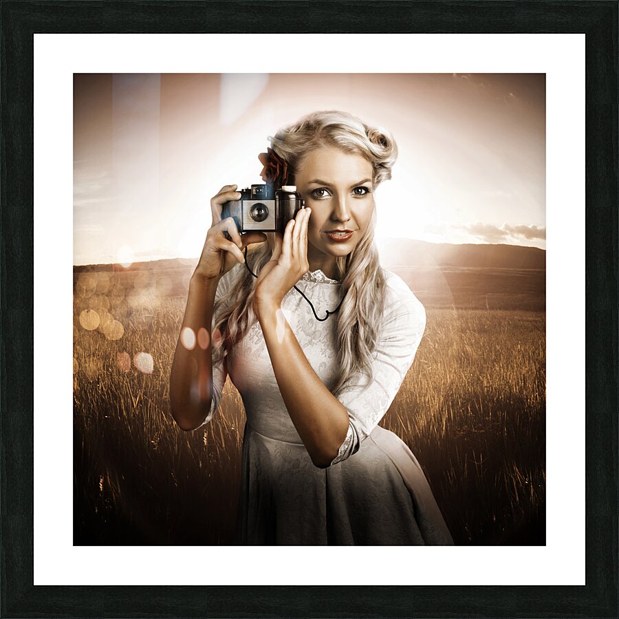 Young Female Photographer With Vintage Camera Picture Frame print