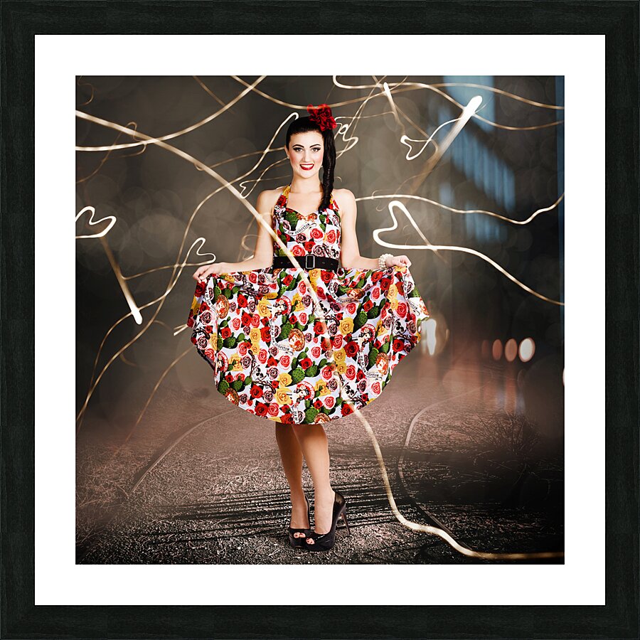 Woman dancing in colorful floral dress outdoor Picture Frame print