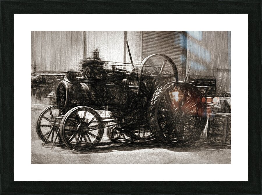 Vintage tractor drawing in industrialised 1900s Picture Frame print