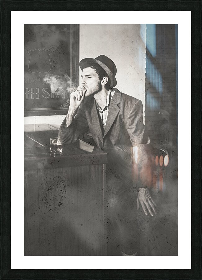 Vintage man in hat smoking cigarette in jazz club Picture Frame print