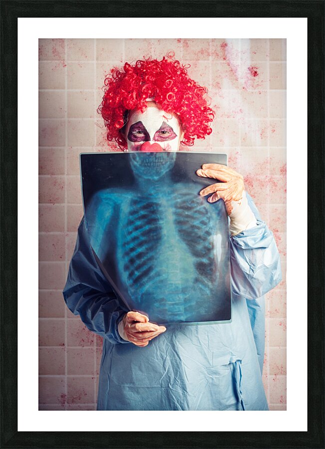 Scary clown peeking behind x-ray. Funny bones Picture Frame print