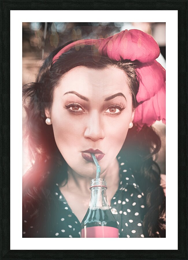 50s pin up girl drinking soda at roadside drive-in Picture Frame print