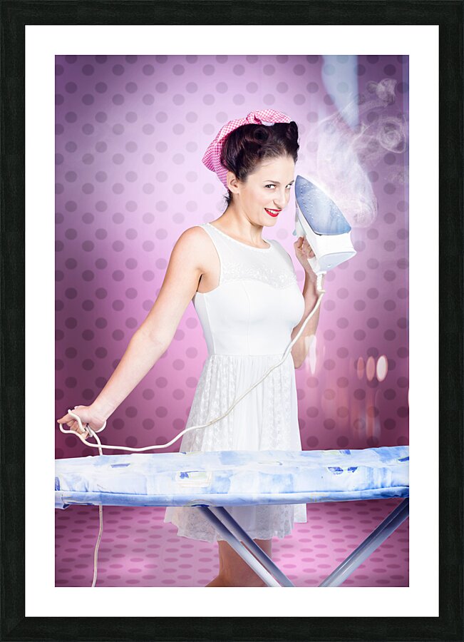 Ironing pinup housewife doing sixties housework Picture Frame print