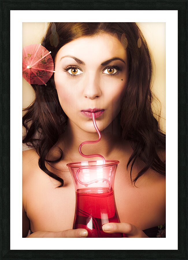 Pinup poster girl drinking at retro cocktail party Picture Frame print