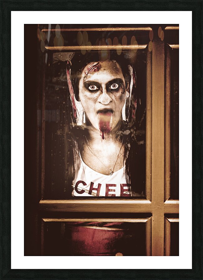Zombie school girl pulling a funny face on glass Picture Frame print