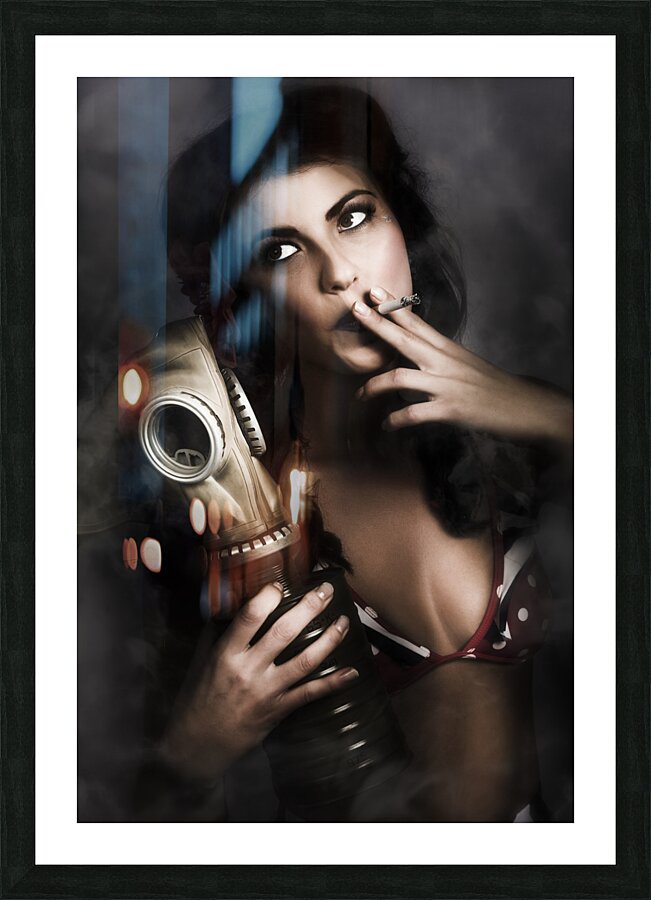 Vintage army pinup girl holding gas mask Picture Frame print