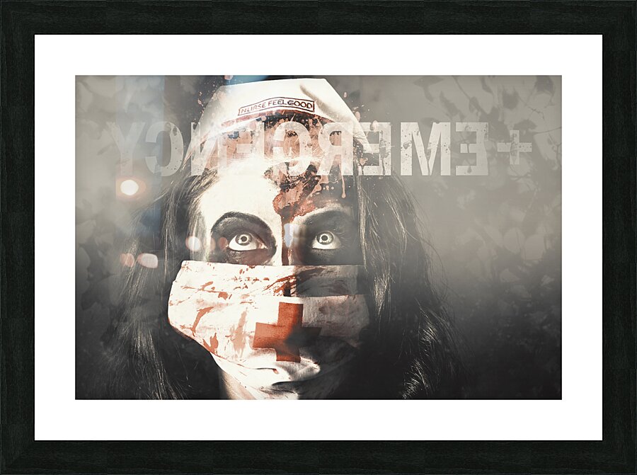 Crazy nurse of death looking at emergency sign Picture Frame print