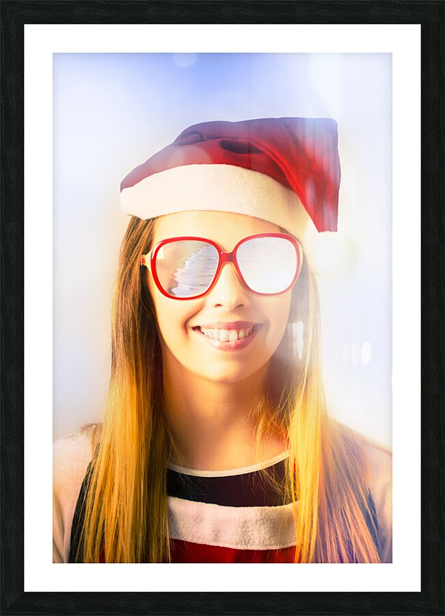 Santa hat woman celebrating Christmas in Australia Picture Frame print