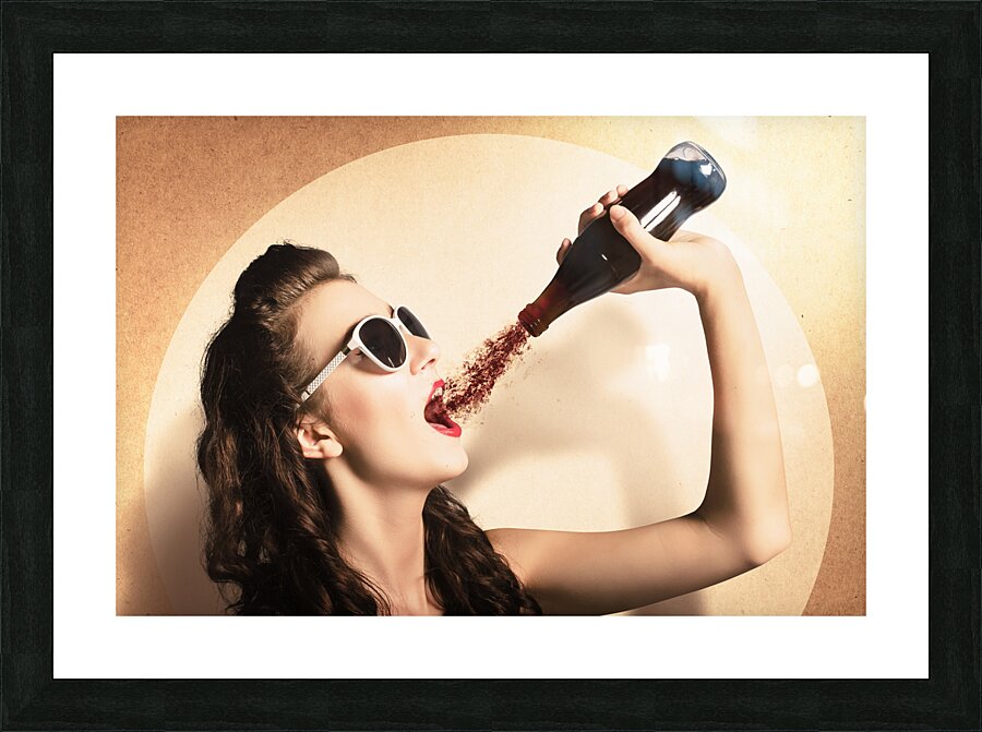 Young pinup woman in sunglasses drinking soda Picture Frame print
