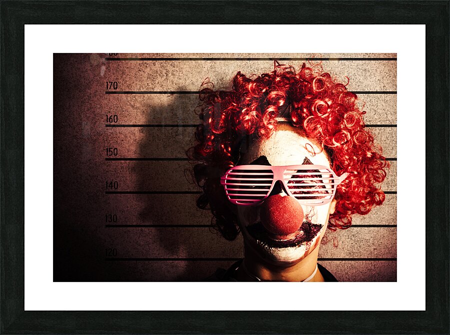 Clown criminal mug shot photo ID on police lines Picture Frame print