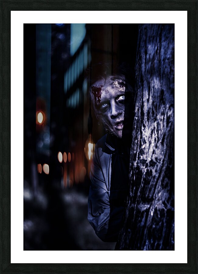 Dark evil zombie watching from horror forest Picture Frame print