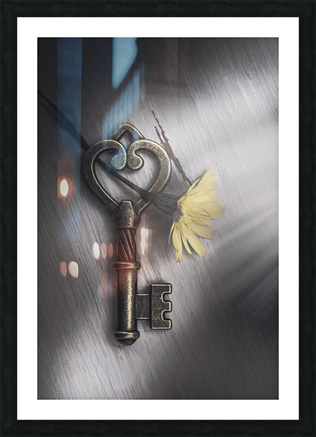 Heart shaped key with yellow flower Picture Frame print