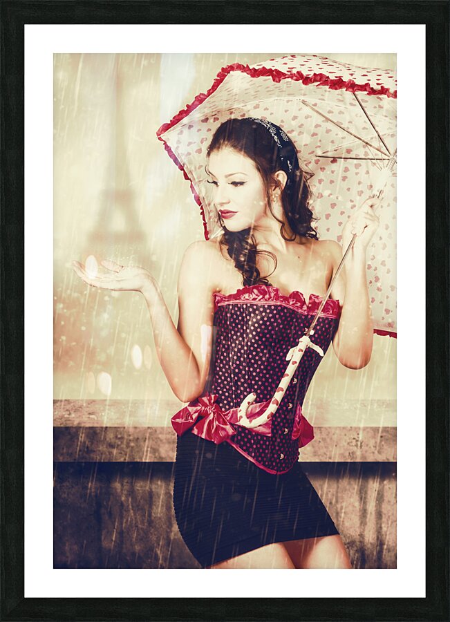 Romantic pin-up woman in the city of love Picture Frame print