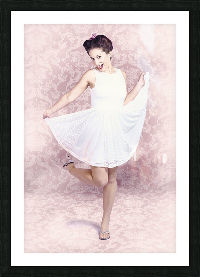 Young beautiful pinup woman dancing in retro dress Picture Frame print