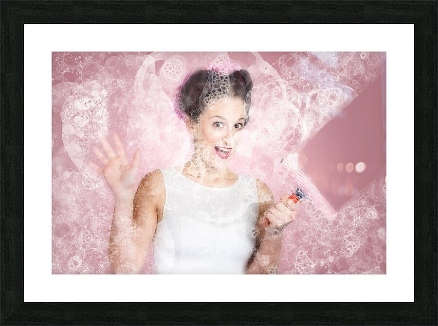 Retro window cleaning girl looking at clean glass Picture Frame print