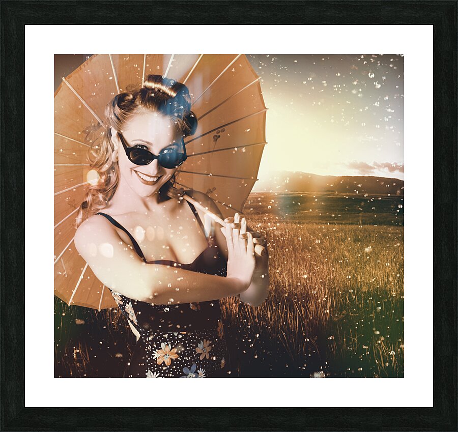 Vintage American pin-up girl in summer rain Picture Frame print