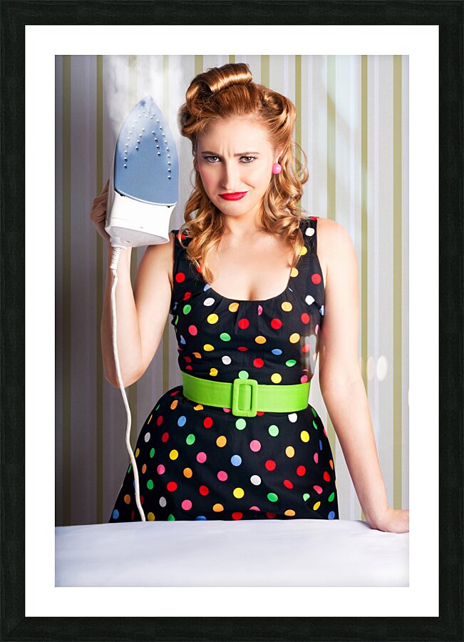Funny 50s Pinup Girl Holding Steaming Hot Iron Picture Frame print