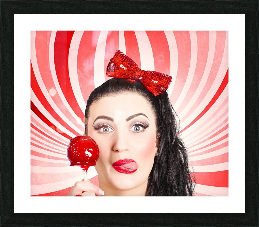 Happy young retro woman with lollipop toffee apple Picture Frame print