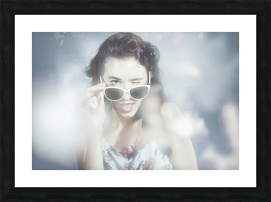 Classy sixties fashion girl in foggy field Picture Frame print