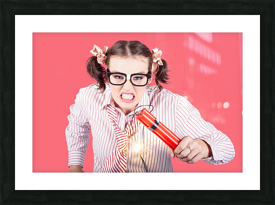 Nerd Business Woman Holding Exploding Time Bomb Picture Frame print