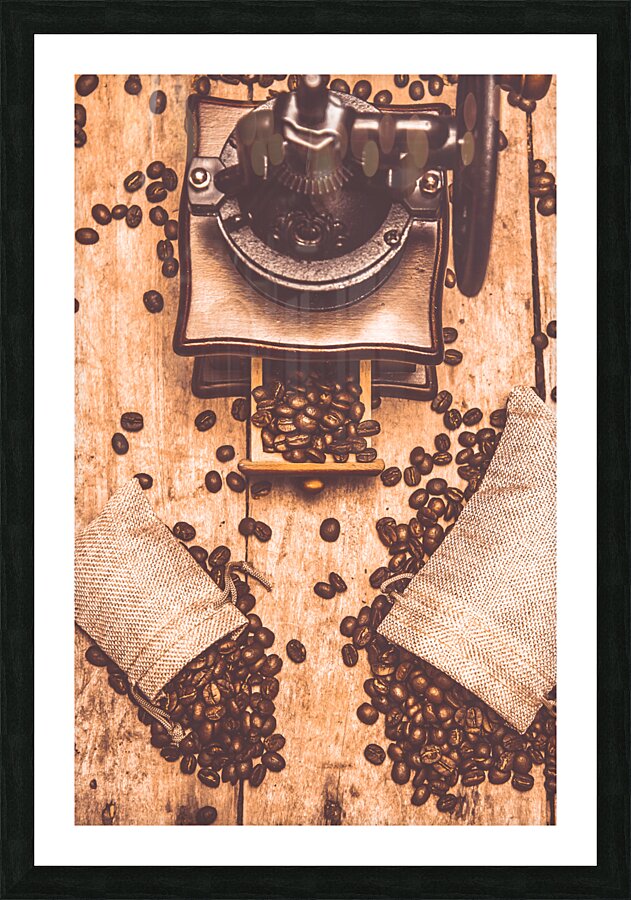 Vintage grinder with sacks of coffee beans Picture Frame print
