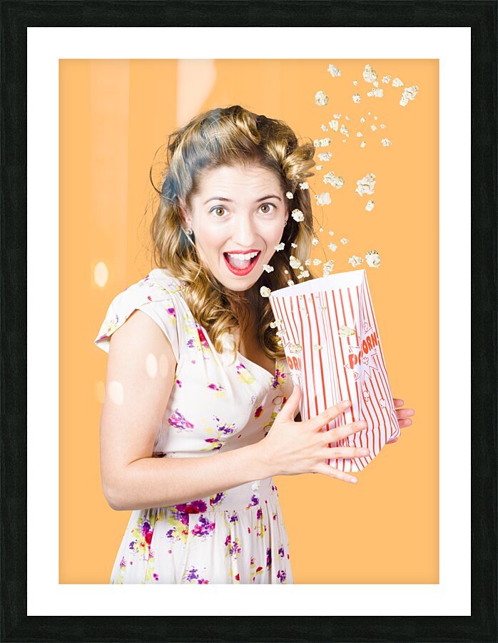 Shock horror pinup girl watching scary movie Picture Frame print