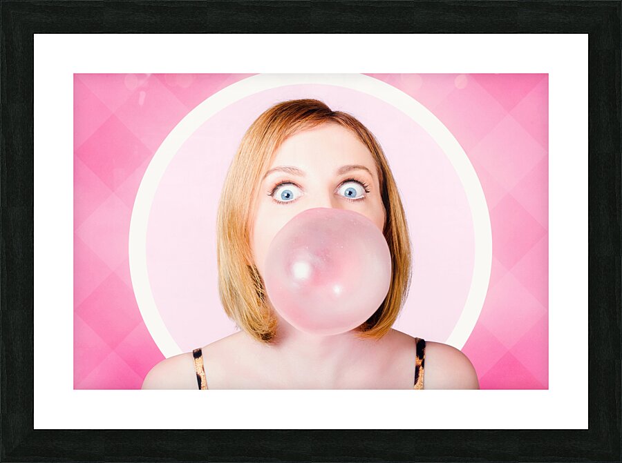 70s pin-up girl blowing pink bubble gum ball Picture Frame print