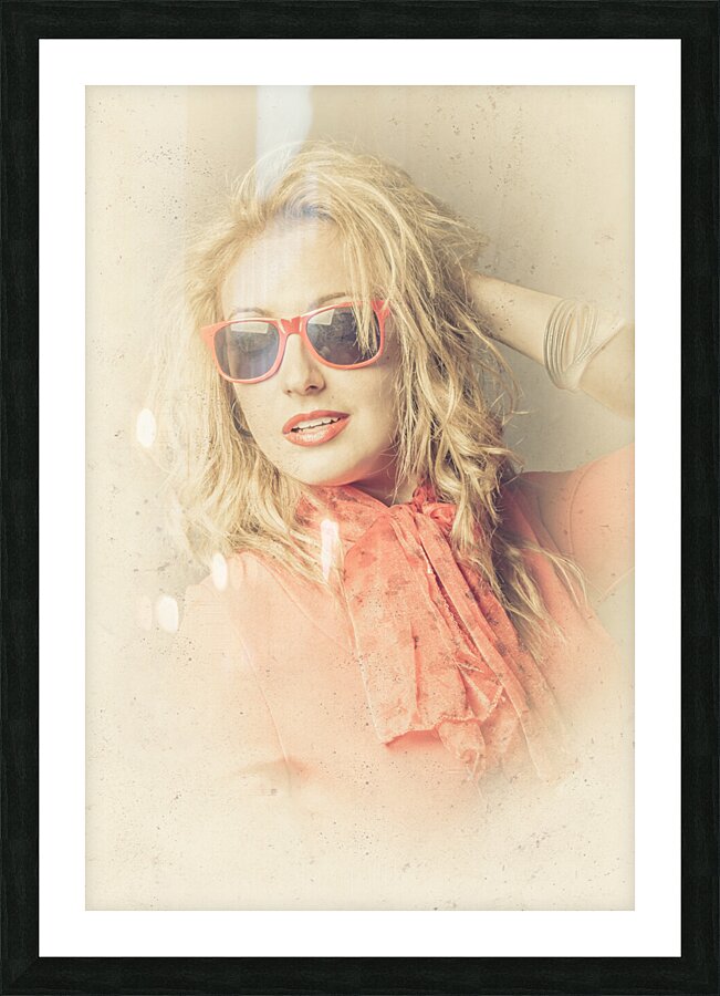 Stylish blond female beauty in vintage sunglasses Picture Frame print