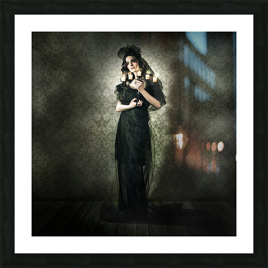 Black Fashion Model In Dark Vintage Haunted House Picture Frame print