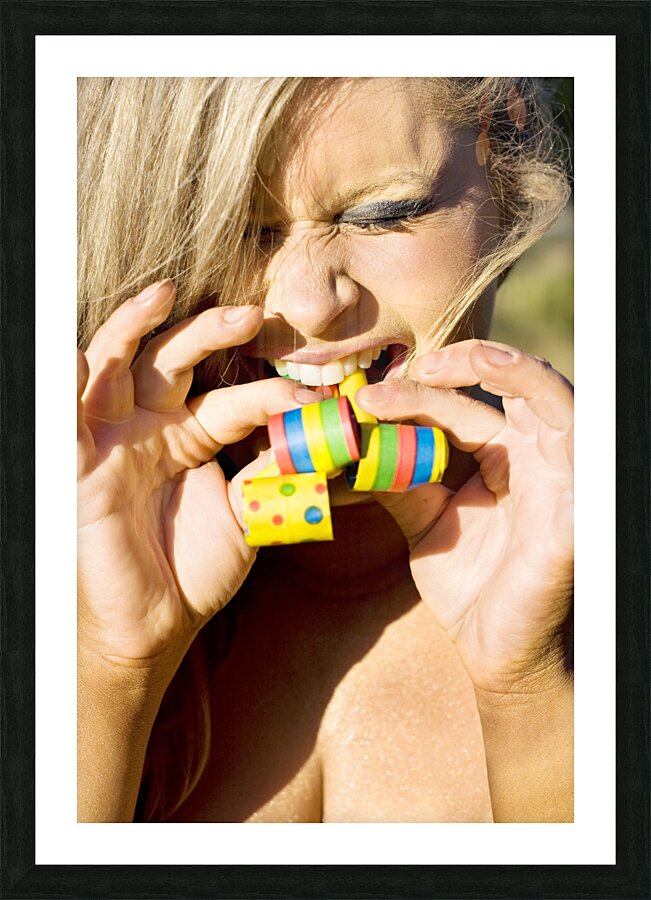 Woman Blowing Party Horns Picture Frame print
