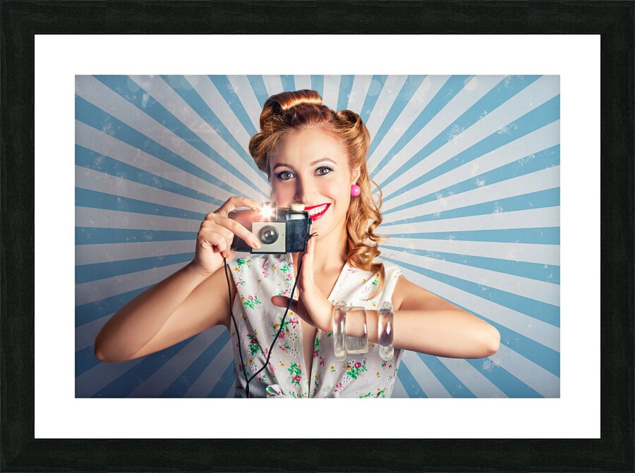 Young Happy Vintage Woman With Old Film Camera Picture Frame print
