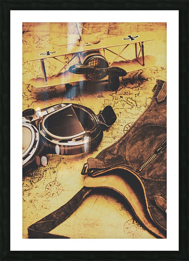 Aviator goggles cap and airplane on old world map Picture Frame print